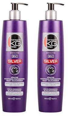 Shampooing Kératine Silver SV Keragold 500 ml – Anti-jaunissement pour cheveux blonds, gris ou blancs
