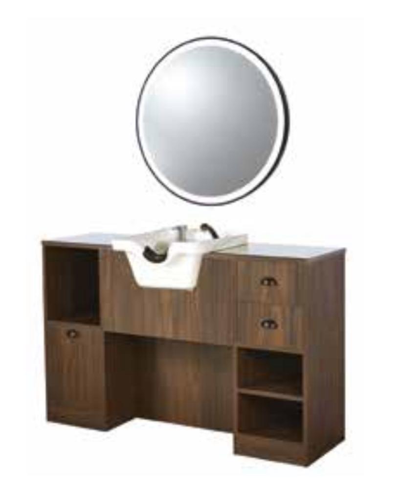 POSTE DE TRAVAIL COIFFEUR AVEC VASQUE ET MIROIR LED ROND
