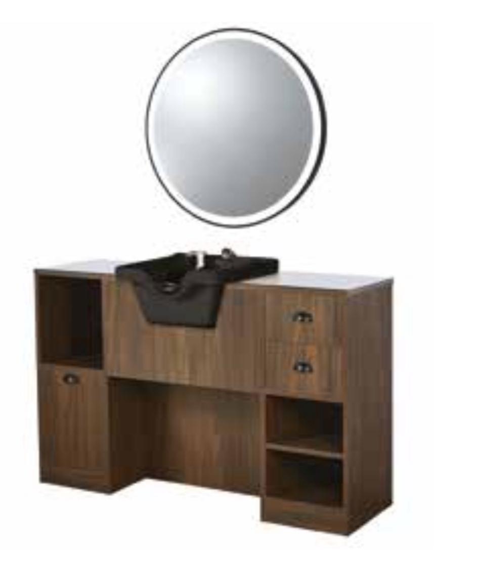 POSTE DE TRAVAIL COIFFEUR AVEC VASQUE ET MIROIR LED ROND