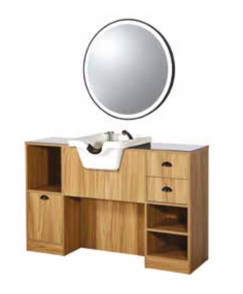 POSTE DE TRAVAIL COIFFEUR AVEC VASQUE ET MIROIR LED ROND