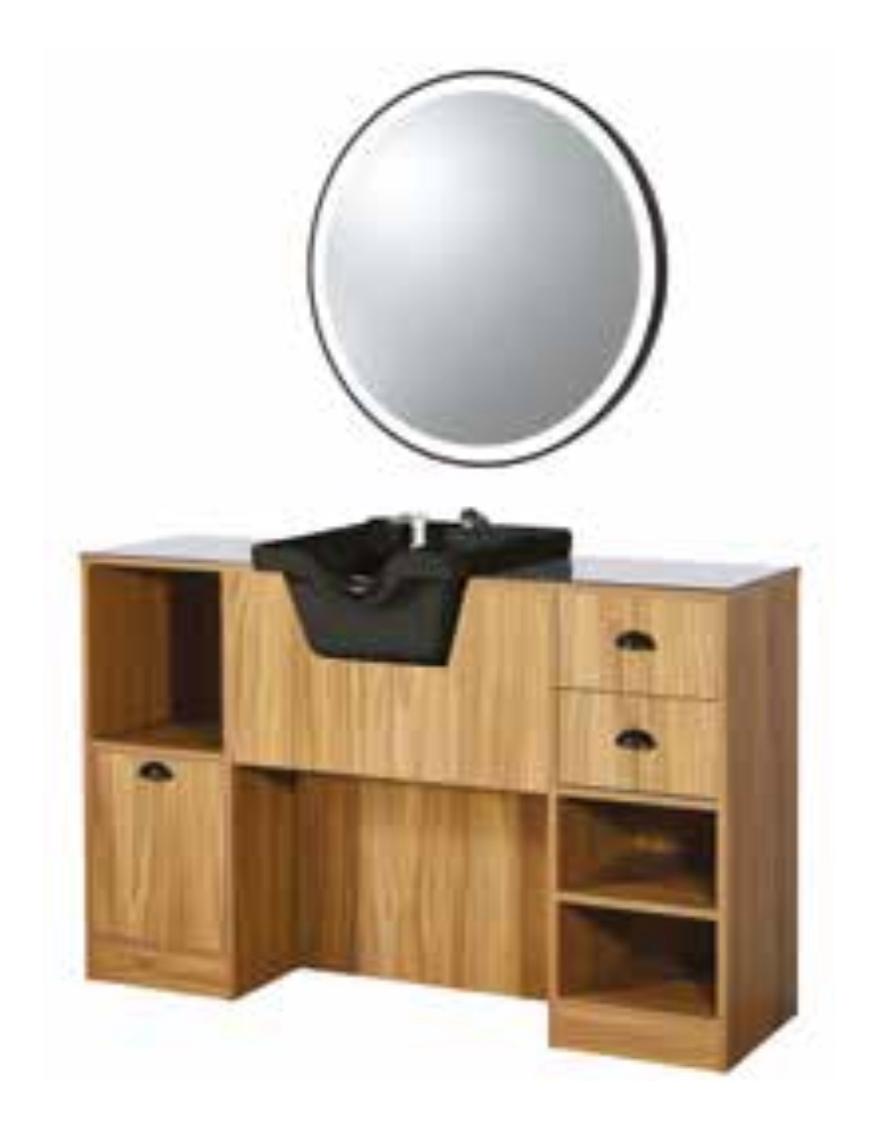 POSTE DE TRAVAIL COIFFEUR AVEC VASQUE ET MIROIR LED ROND