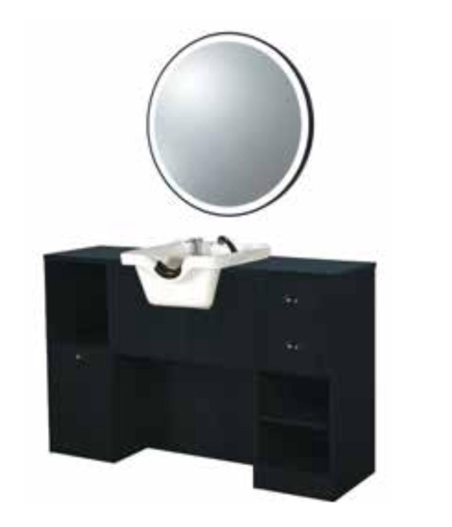 POSTE DE TRAVAIL COIFFEUR AVEC VASQUE ET MIROIR LED ROND