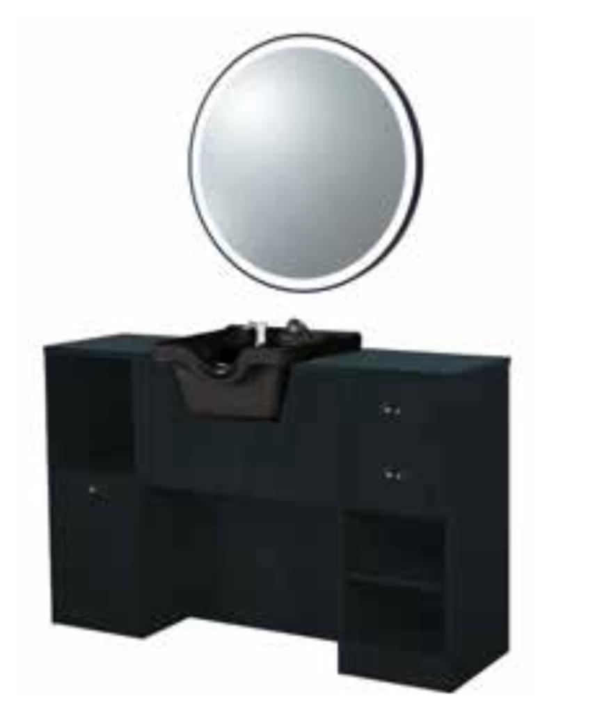 POSTE DE TRAVAIL COIFFEUR AVEC VASQUE ET MIROIR LED ROND